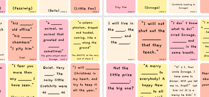 Colourful sticky notes with text excerpts and key quotations from a Christmas Carol, arranged in a grid.