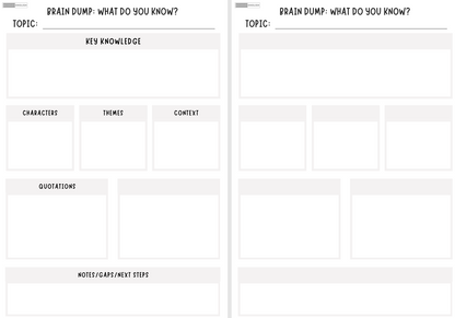 Blank brainstorming sheet with columns for topic, key knowledge, characters, themes, content, quotations, and notes.
