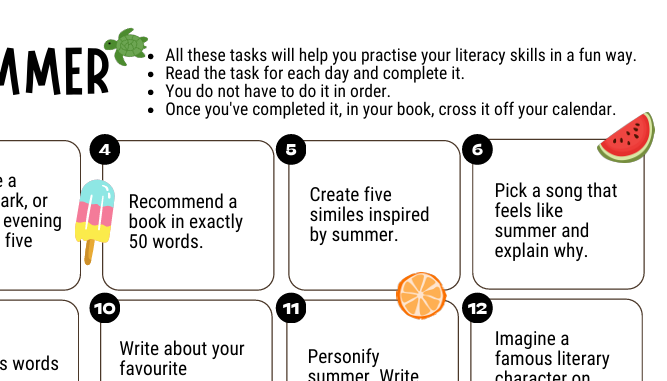 Countdown to Summer Literacy Calendar Task
