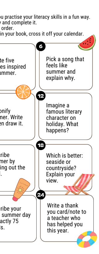 Countdown to Summer Literacy Calendar Task