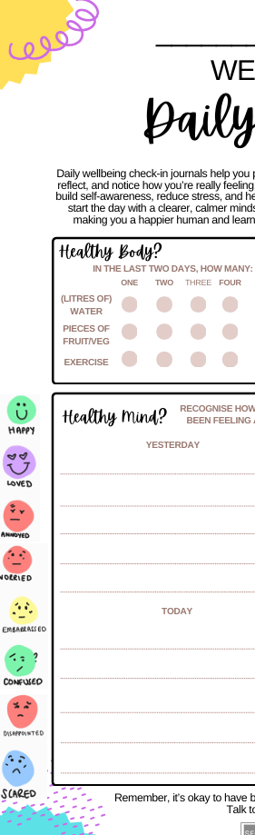 Well-being daily check-in sheet with various sections for self-assessment and goal-setting.