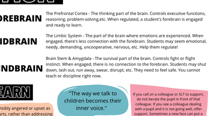 Educational poster on de-escalation techniques with brain regions and advice.