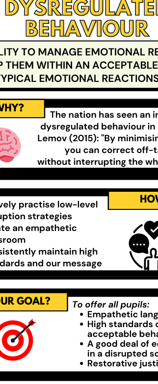 Educational poster on 'Outstanding Behaviour Strategies for Low-Level Disruption' with text and icons.