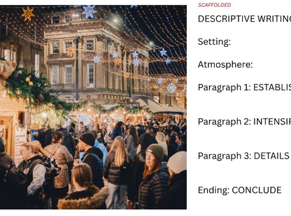 A collage-style educational graphic with a festive night street market scene on the left and a white text panel on the right labeled 'SCAFFOLDED' and 'DESCRRIPTIVE WRITING,' listing setting, atmosphere, paragraphs, and ending.