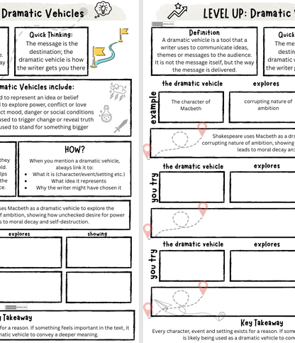 Educational worksheet on dramatic vehicles with text and diagrams.
