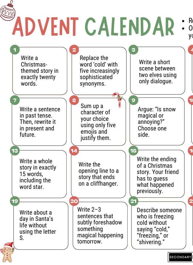 English + Literacy Task Advent Calendar