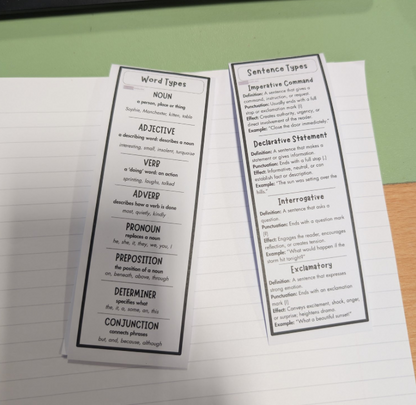 Two printed sheets of educational material on a notebook page.