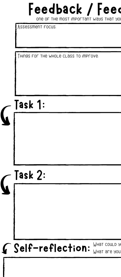 Blank assessment form with sections for feedback, class improvement, tasks, and self-reflection.