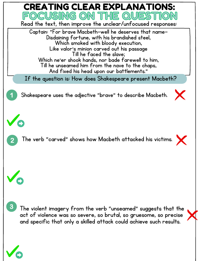 Text analysis of a Shakespearean passage with questions and answers on a white background.