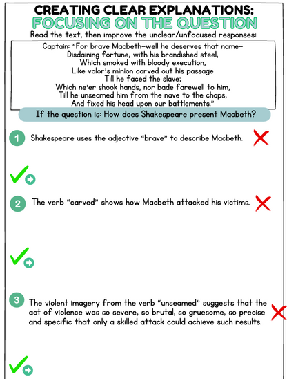 Text analysis of a Shakespearean passage with questions and answers on a white background.