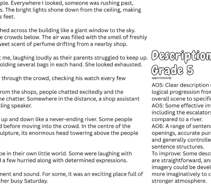 A text page from a children's book or worksheet, featuring a descriptive passage about a bustling street scene with a shop assistant, alongside a bold heading that reads 'Description Grade 5' and a small 'approximately' note.