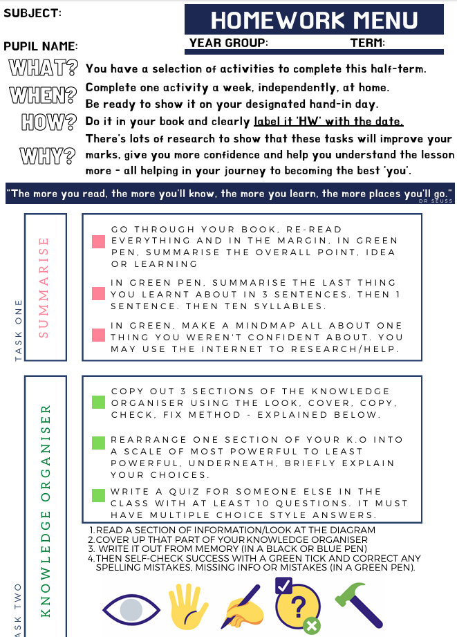 Homework menu with activities and instructions for a pupil to complete over a term