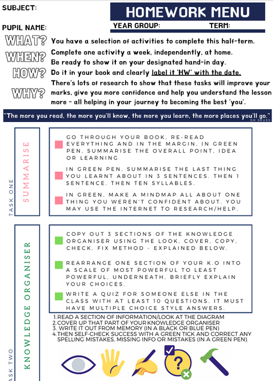Homework menu with activities and instructions for a pupil to complete over a term