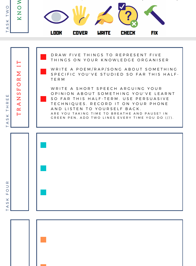 Educational worksheet with tasks and icons for learning activities.