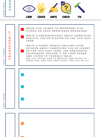 Educational worksheet with tasks and icons for learning activities.