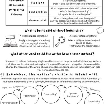 Educational worksheet on inference, feeling, connotation, and show-not-tell with definitions and examples.