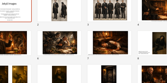 Grid of dark, moody images with a focus on historical or classical themes.
