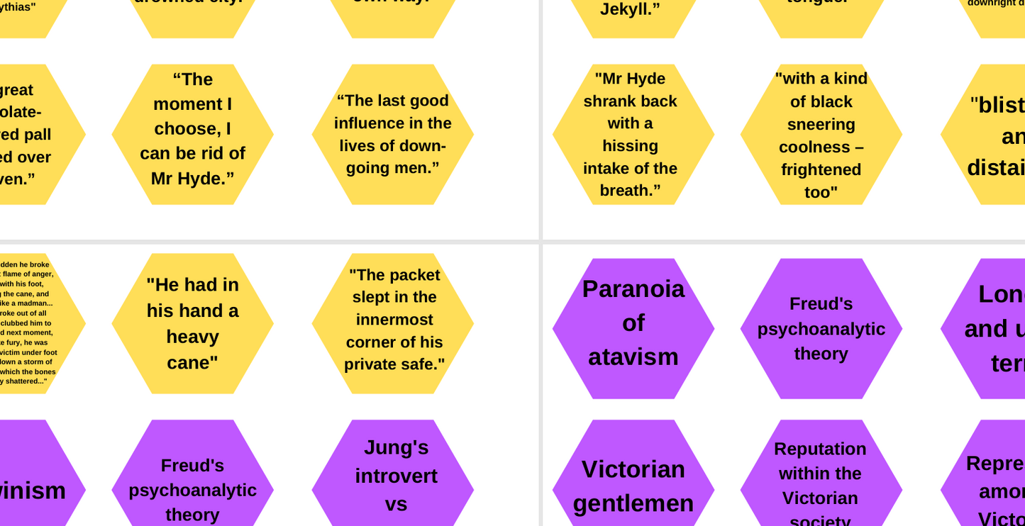 Hexagonal cards with text on a white background