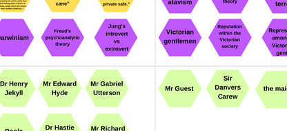 Hexagonal grid with text on a white background