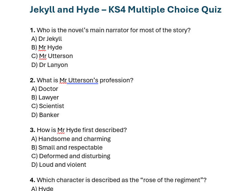 Multiple-choice quiz on 'Jekyll and Hyde' with question text and options.
