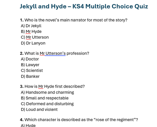 Multiple-choice quiz on 'Jekyll and Hyde' with question text and options.