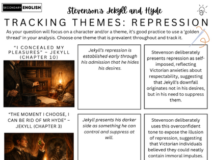 Educational worksheet on tracking themes in 'Jekyll and Hyde' by Stevenson, focusing on repression.