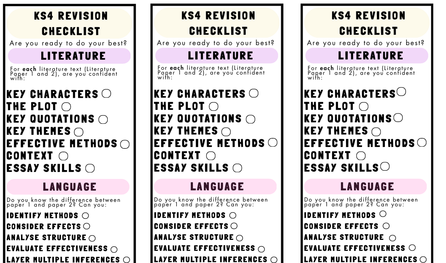 Three identical KS4 Revision Checklists for Literature on a white background