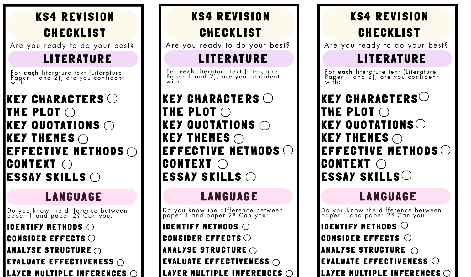 Three identical KS4 Revision Checklists for Literature on a white background
