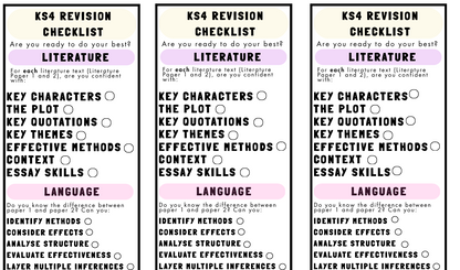 Three identical KS4 Revision Checklists for Literature on a white background