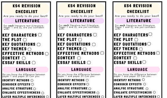 Three identical KS4 Revision Checklists for Literature on a white background