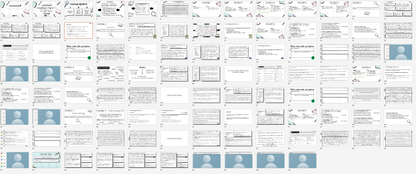 A large grid of many small document or form templates laid out on a white background, with some pages showing blue-gray placeholder avatar areas and blocks of text. This is not a clean product photo, not a lifestyle scene, and not a measurement chart, color swatch, or instruction diagram; it reads as a digital template/preview sheet, so subject_type is Other.