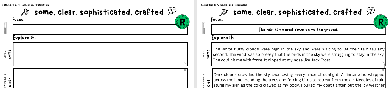 LANGUAGE AO5 Creative Writing Level Ladders - Various Levels of Answer: Some, Clear, Sophisticated, Crafted.