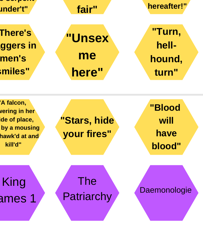 Hexagonal tiles with text on a white background which is a game for Macbeth learning at secondary school
