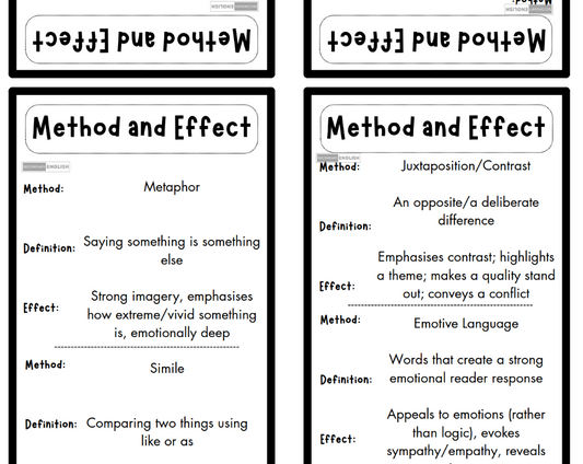 Educational worksheet on 'Method and Effect' with examples of metaphor, juxtaposition/contrast, and simile.