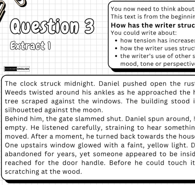 A worksheet page with a crossword-style question labeled 'Question 3 Extract 1' and a text excerpt about a man named Daniel at night. A large blank grid is provided for writing, with a small 'English Club' logo in the lower left and a note in the upper right about considering how the writer uses structure.
