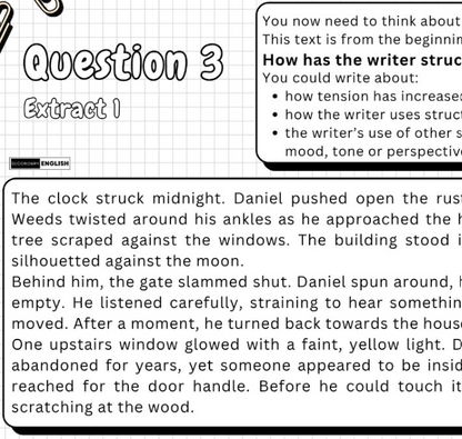 A worksheet page with a crossword-style question labeled 'Question 3 Extract 1' and a text excerpt about a man named Daniel at night. A large blank grid is provided for writing, with a small 'English Club' logo in the lower left and a note in the upper right about considering how the writer uses structure.