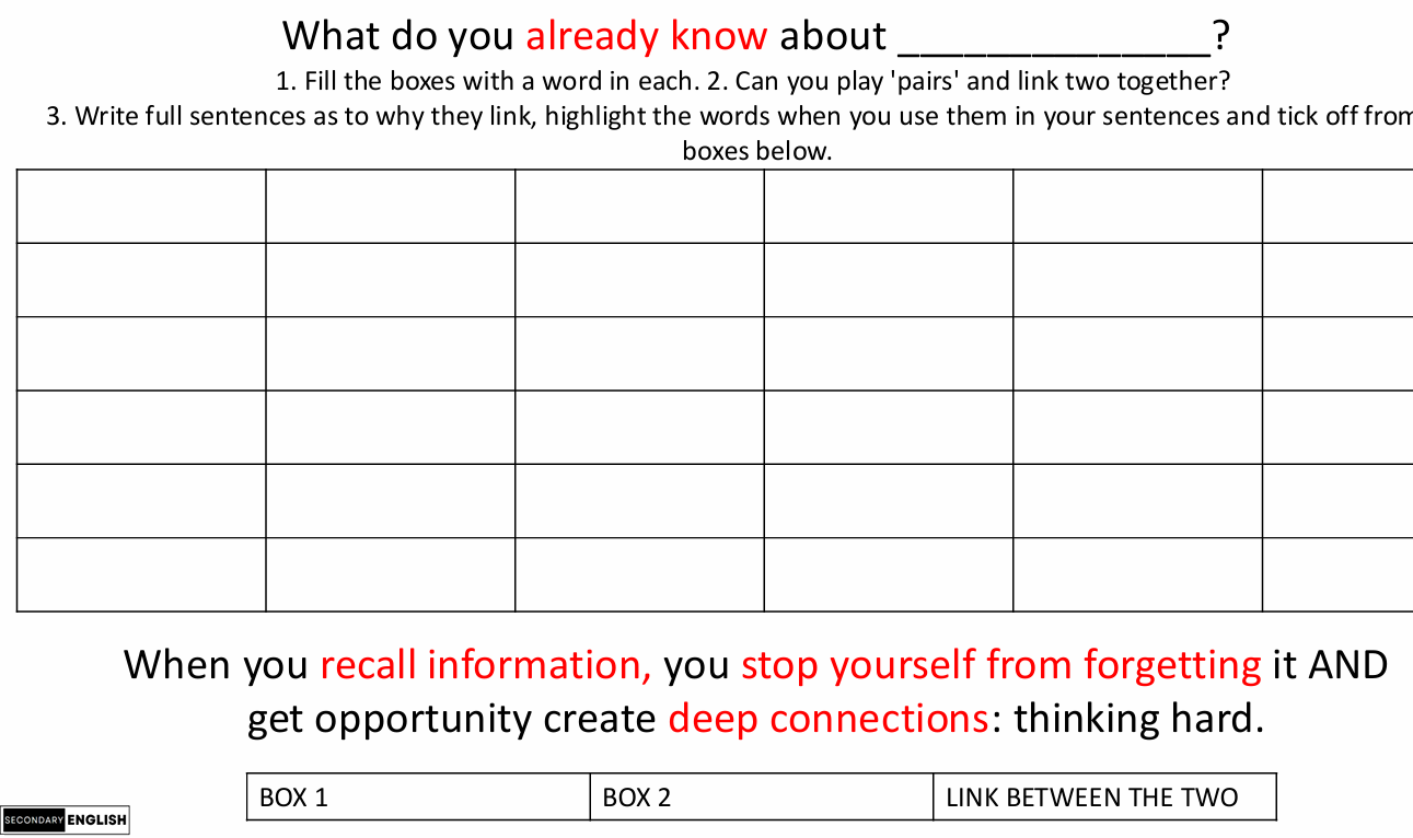 Blank worksheet with text prompts for recalling information and linking words
