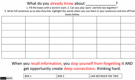 Blank worksheet with text prompts for recalling information and linking words