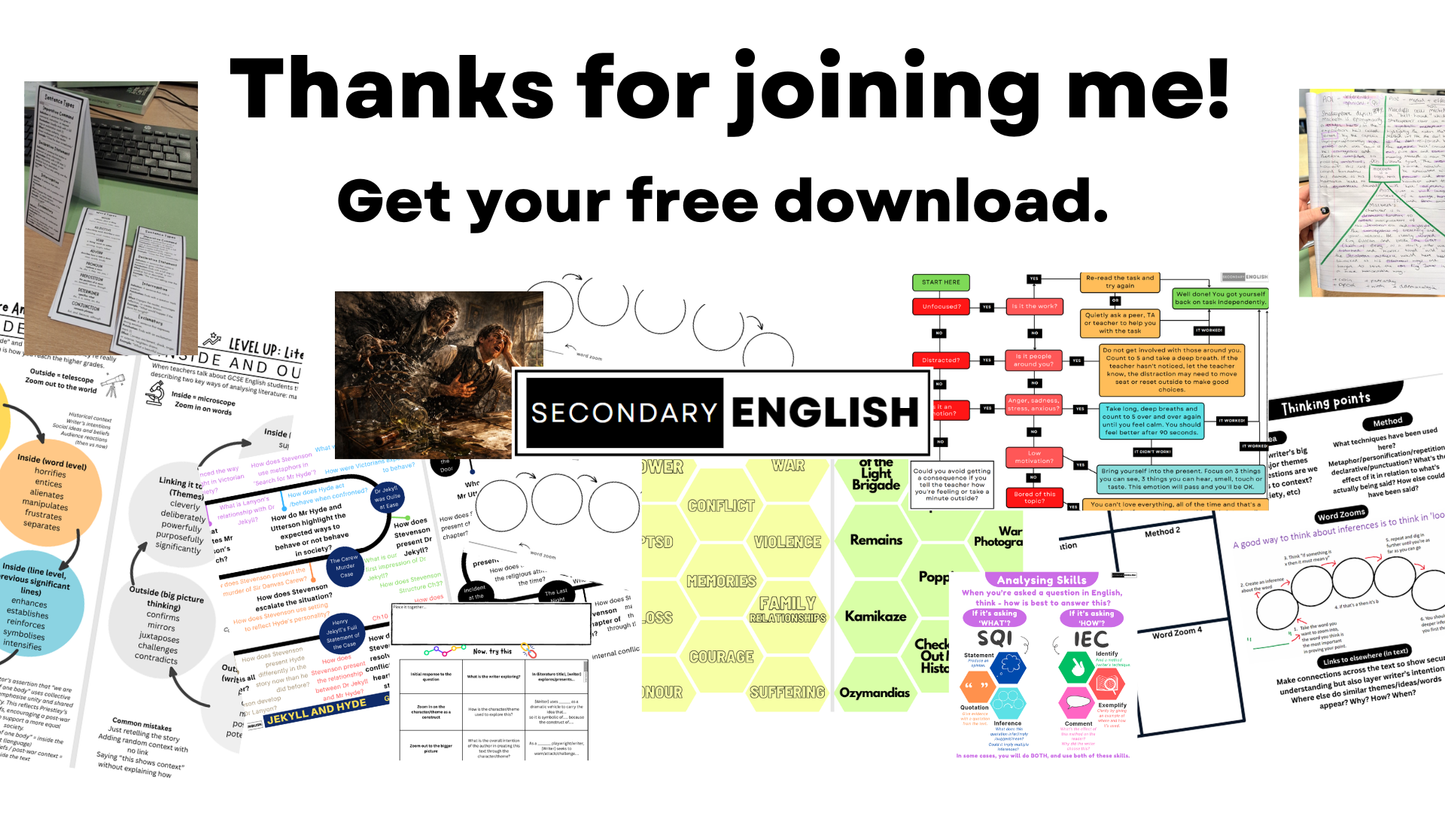 Promotional graphic for a free download on secondary English resources with various educational materials displayed.