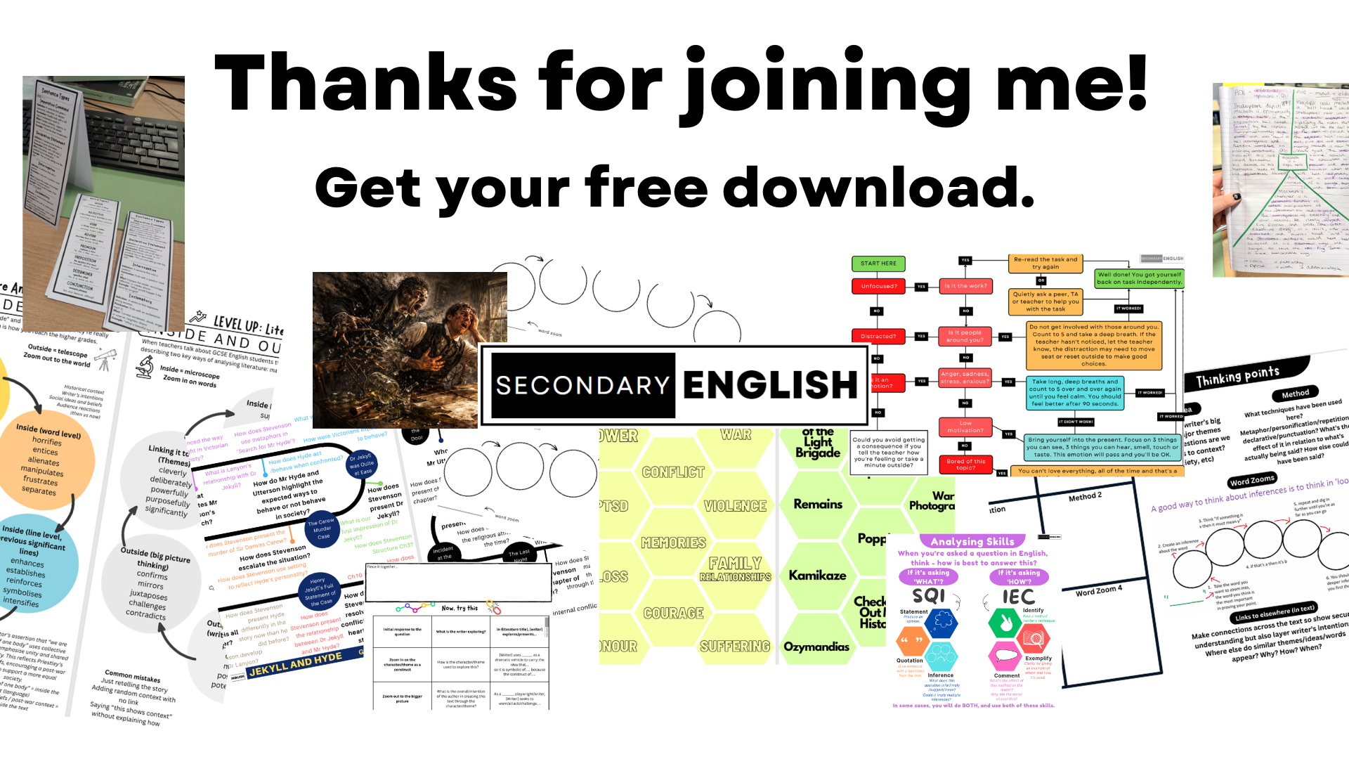 Promotional graphic for a free download on secondary English resources with various educational materials displayed.