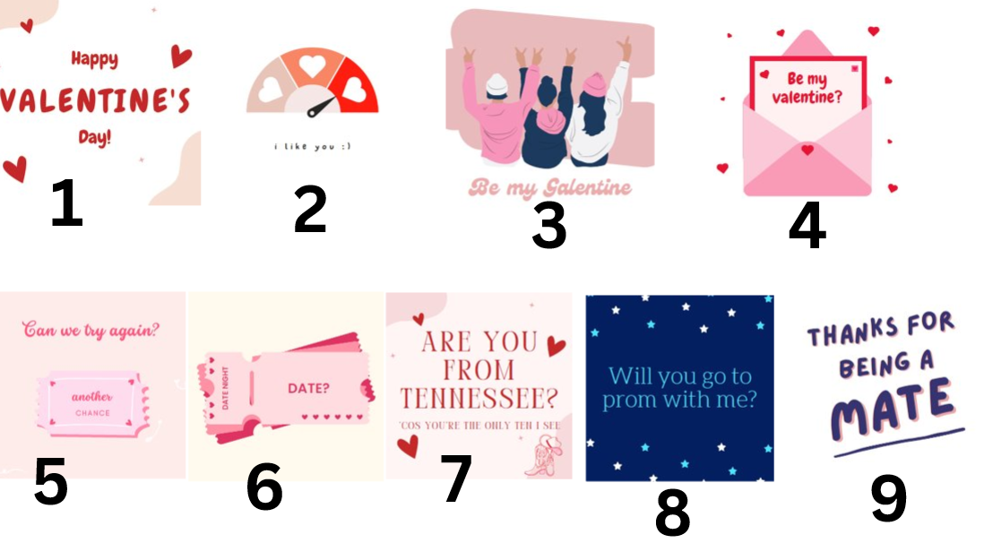 Collection of Valentine's Day cards with various designs and text.