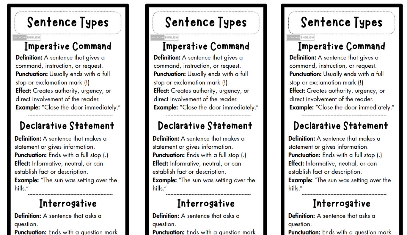 Sheet of paper with definitions and examples of sentence types including imperative command, declarative statement, and interrogative sentence.