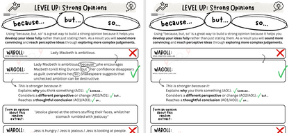 Two worksheets titled 'Level Up: Strong Opinions' with text and checkboxes for feedback.
