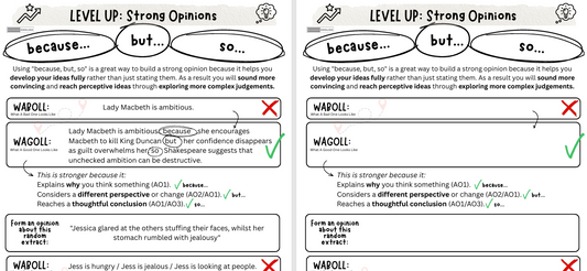 Two worksheets titled 'Level Up: Strong Opinions' with text and checkboxes for feedback.