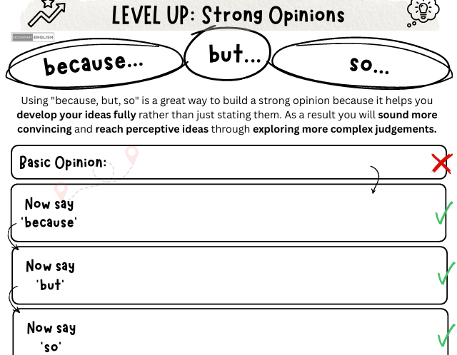 Worksheet on building strong opinions using 'because', 'but', and 'so' transitions.