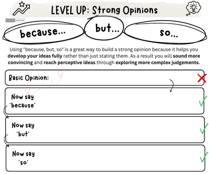 Worksheet on building strong opinions using 'because', 'but', and 'so' transitions.