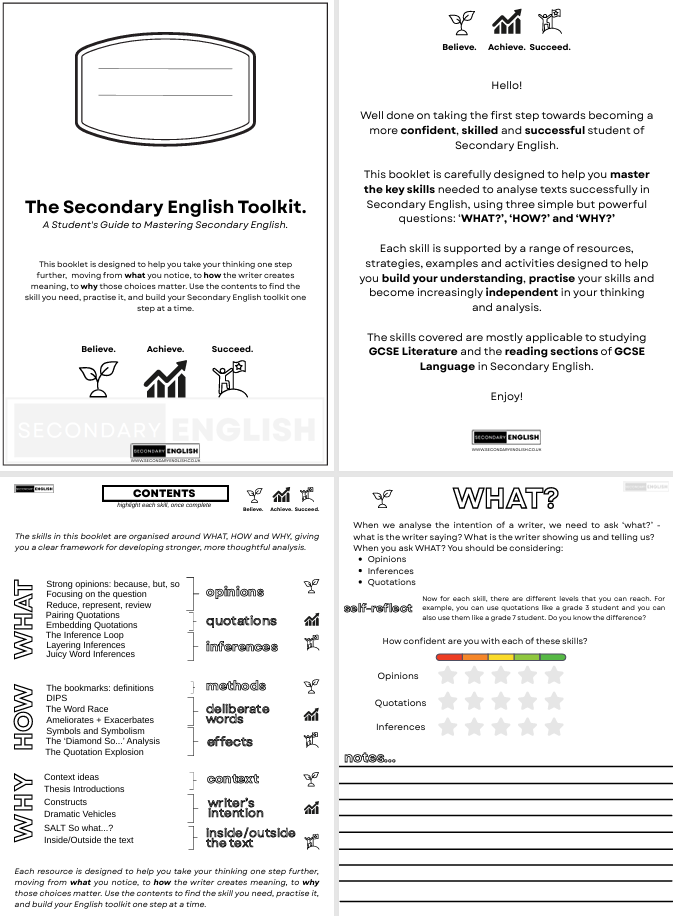 A two-page preview of the 'The Secondary English Toolkit' student guide, showing the front cover with colorful icons and the back cover with text instructions and activity sheets.