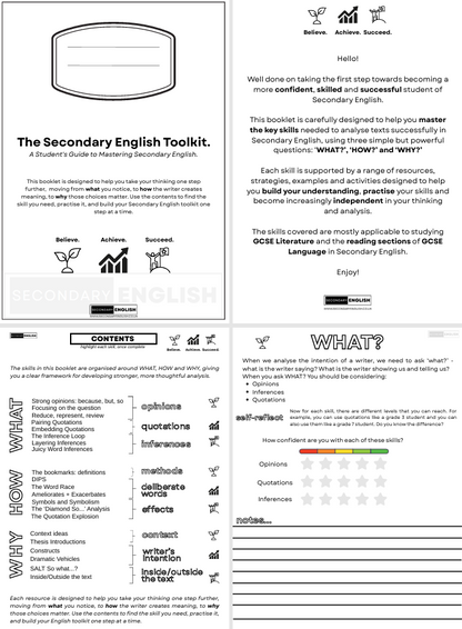 A two-page preview of the 'The Secondary English Toolkit' student guide, showing the front cover with colorful icons and the back cover with text instructions and activity sheets.