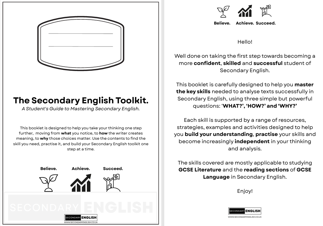 A two-page booklet cover for The Secondary English Toolkit, shown on a white background. The left page features a large illustration of a book with a pencil in the top center and bold title text.