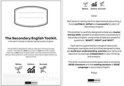 A two-page booklet cover for The Secondary English Toolkit, shown on a white background. The left page features a large illustration of a book with a pencil in the top center and bold title text.